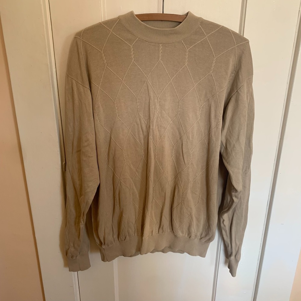 Axis Mens Silk Cotton Blend Diamond Cable Knit Sweater Tan Beige Large L